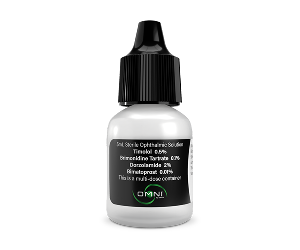 A bottle of Timolol 0.5% + Brimonidine Tartrate 0.1% + Dorzolamide 2% + Bimatoprost 0.01%